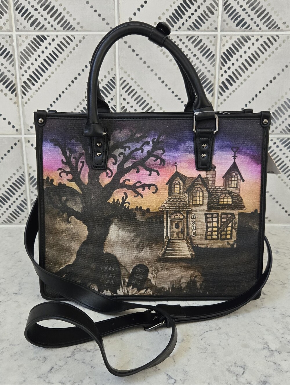 Betsey Johnson Haunted House Tote Handbag with Bat Charm - Picture 2 of 8